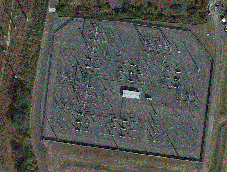 A large aerial view of an electrical station.